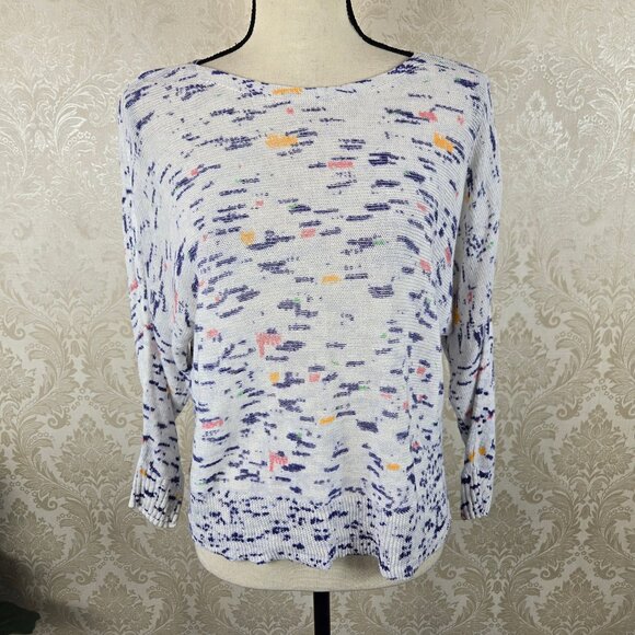 Nic + Zoe Size PP Linen/Cotton Blend Sweater Boat Neck Dolman Sleeve White Blue - Picture 1 of 13